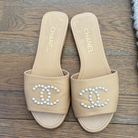 CHANEL Shoes - Chanel Tan Sandals with Pearl Accents